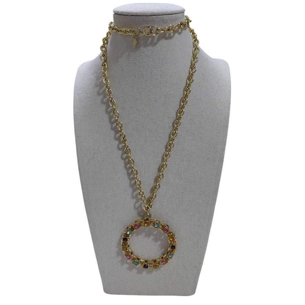 Vintage Sarah Cov Gold-Tone Circle Multicolor Rhinestone Pendant Necklace 28"